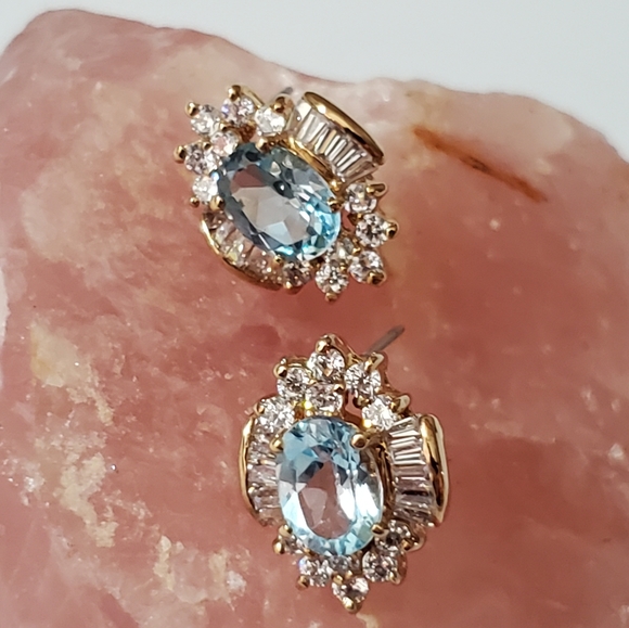 Topaz earrings tourmaline baguettes oval ice blue Genuine natural pierced gold - Picture 2 of 16